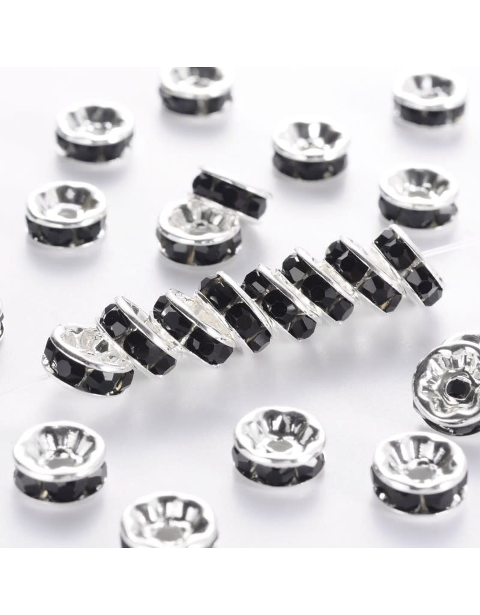 8mm Rhinestone Rondelle Brass   Silver/Jet Black x50 Grade A NF