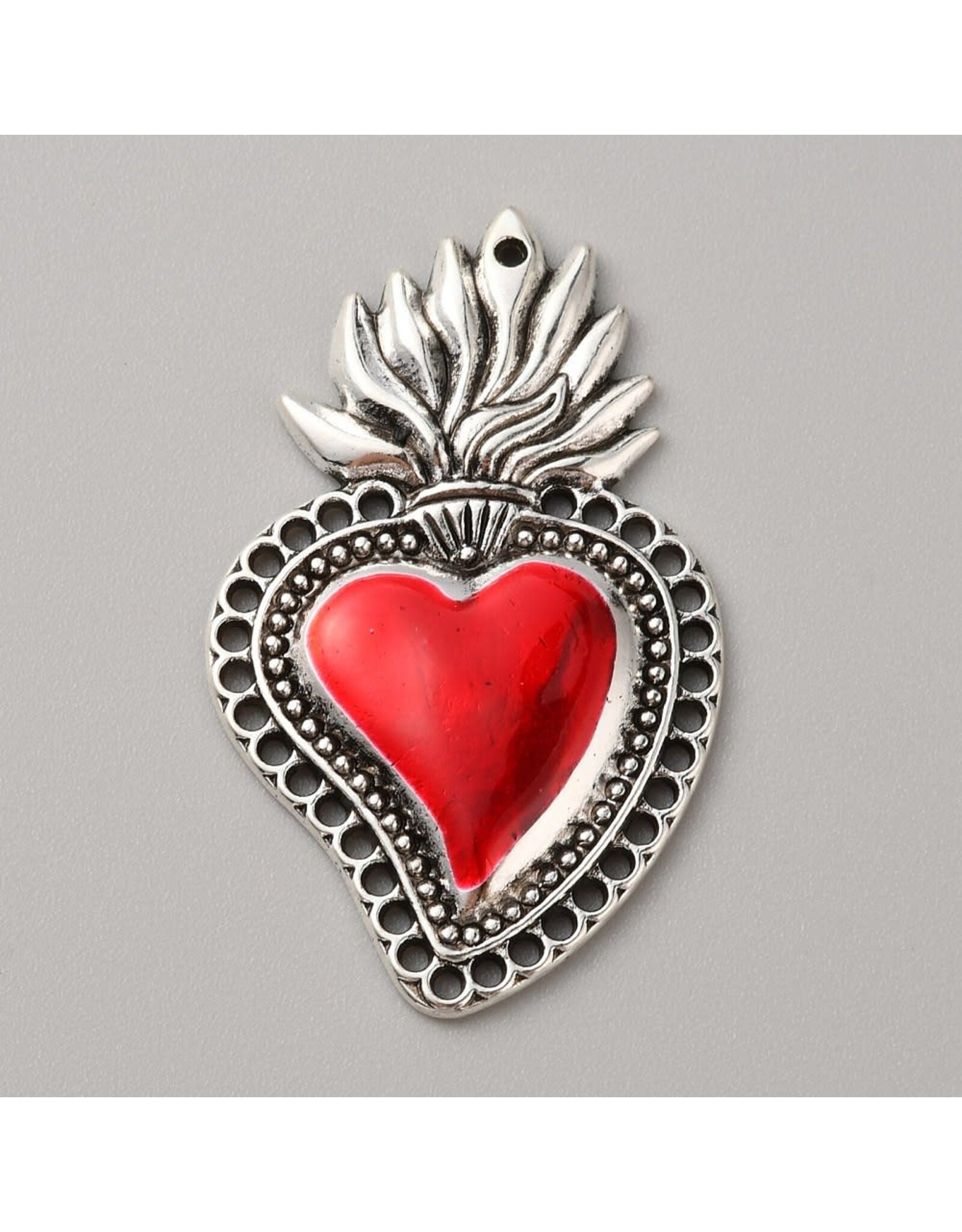 Sacred Heart 47x29mm Antique Silver Red  x1  NF