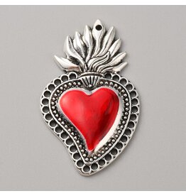 Sacred Heart 47x29mm Antique Silver Red  x1  NF