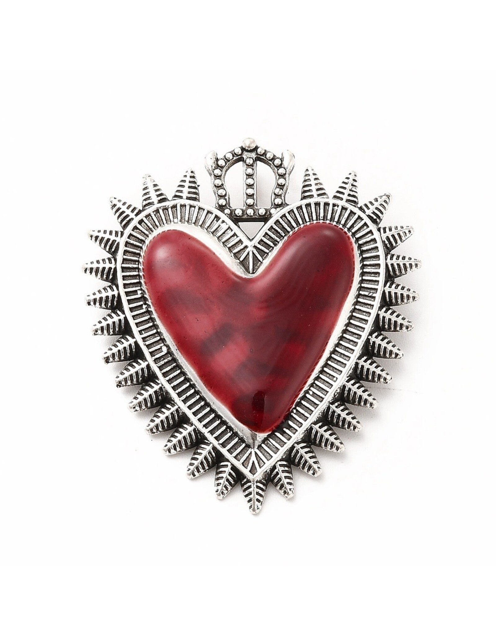 Sacred Heart  40x35mm Antique Silver Red  x1  NF