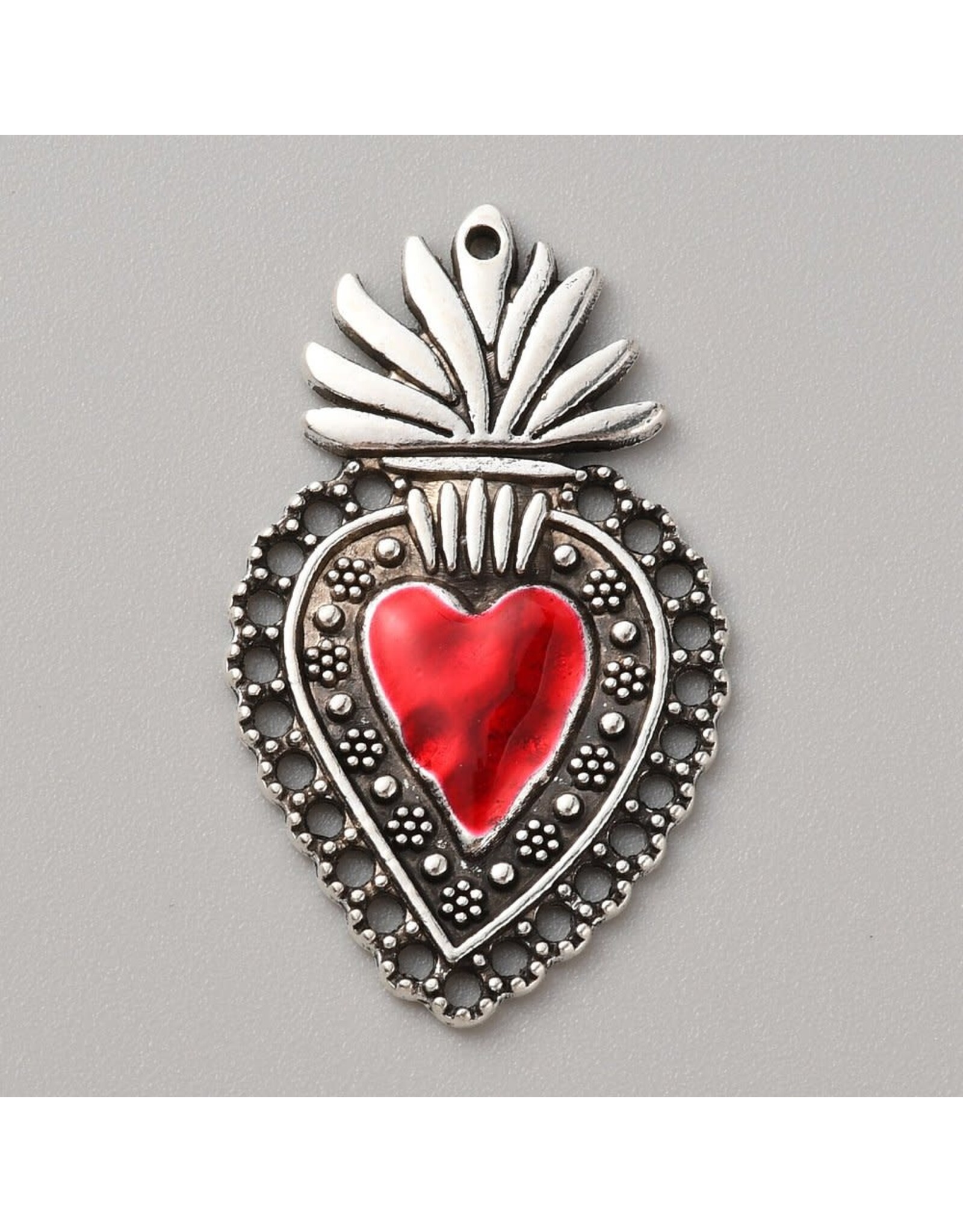 Sacred Heart  40x24mm Antique Silver Red  x1  NF
