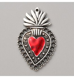 Sacred Heart  40x24mm Antique Silver Red  x1  NF