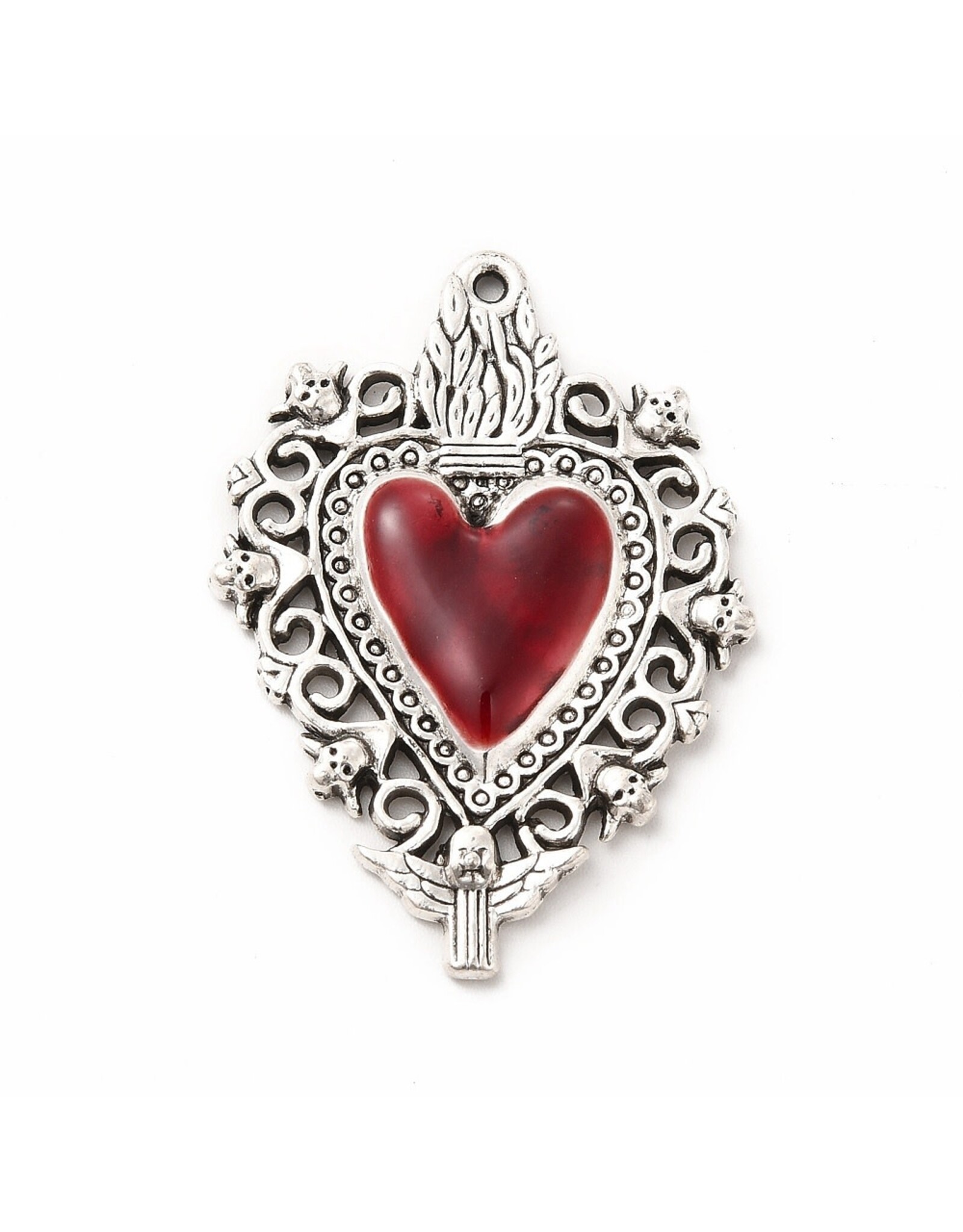 Sacred Heart  41x30mm Antique Silver Red  x1  NF