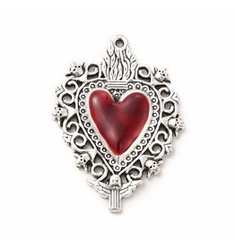 Sacred Heart  41x30mm Antique Silver Red  x1  NF