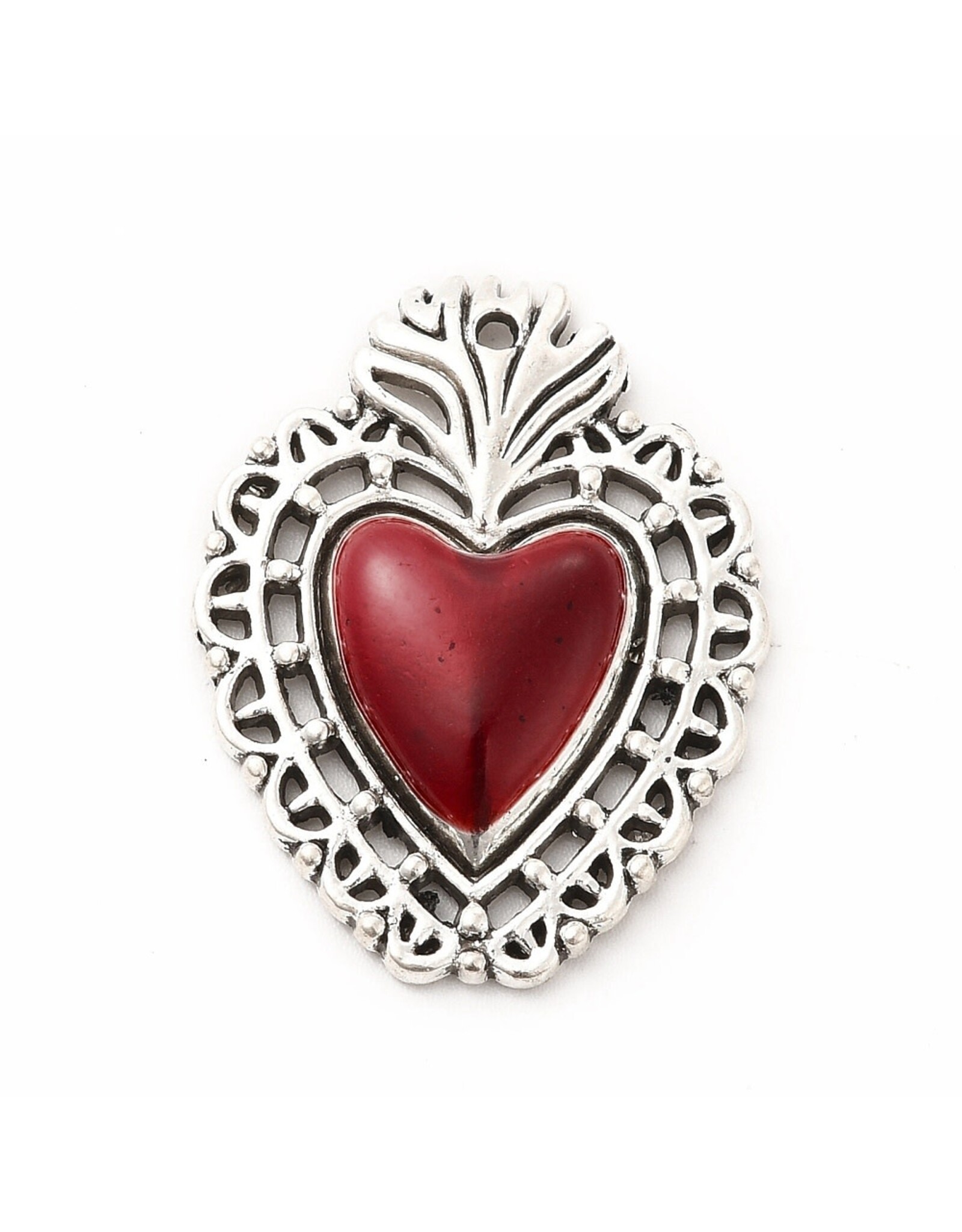 Sacred Heart  29x22mm Antique Silver Red  x1  NF