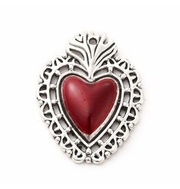 Sacred Heart  29x22mm Antique Silver Red  x1  NF