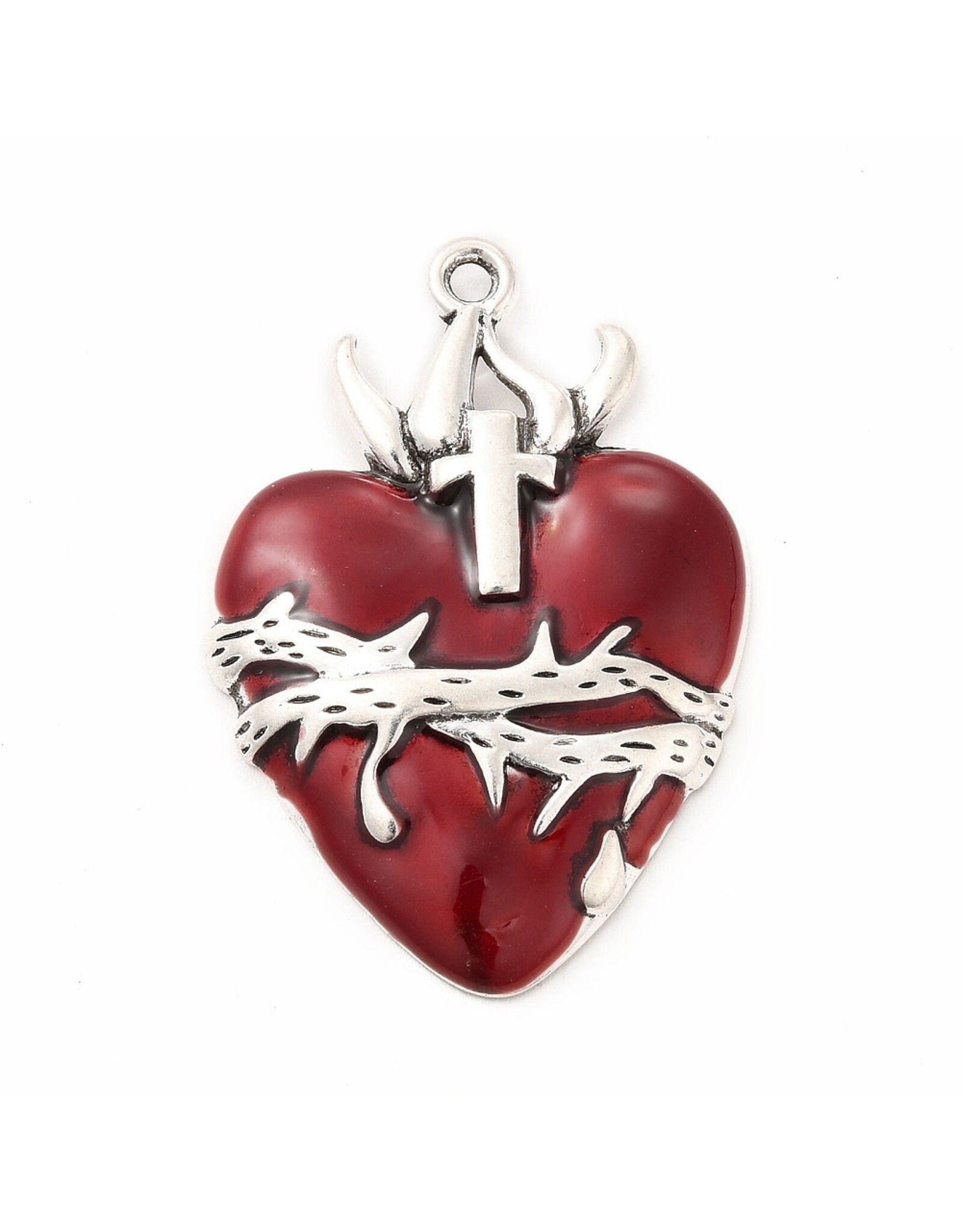 Sacred Heart  42x29mm Antique Silver Red  x1  NF