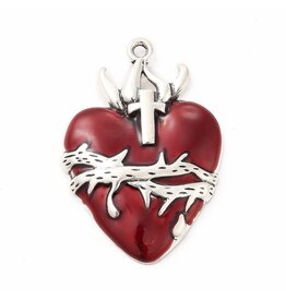 Sacred Heart  42x29mm Antique Silver Red  x1  NF