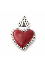 Sacred Heart  30x20mm Antique Silver Red  x1  NF