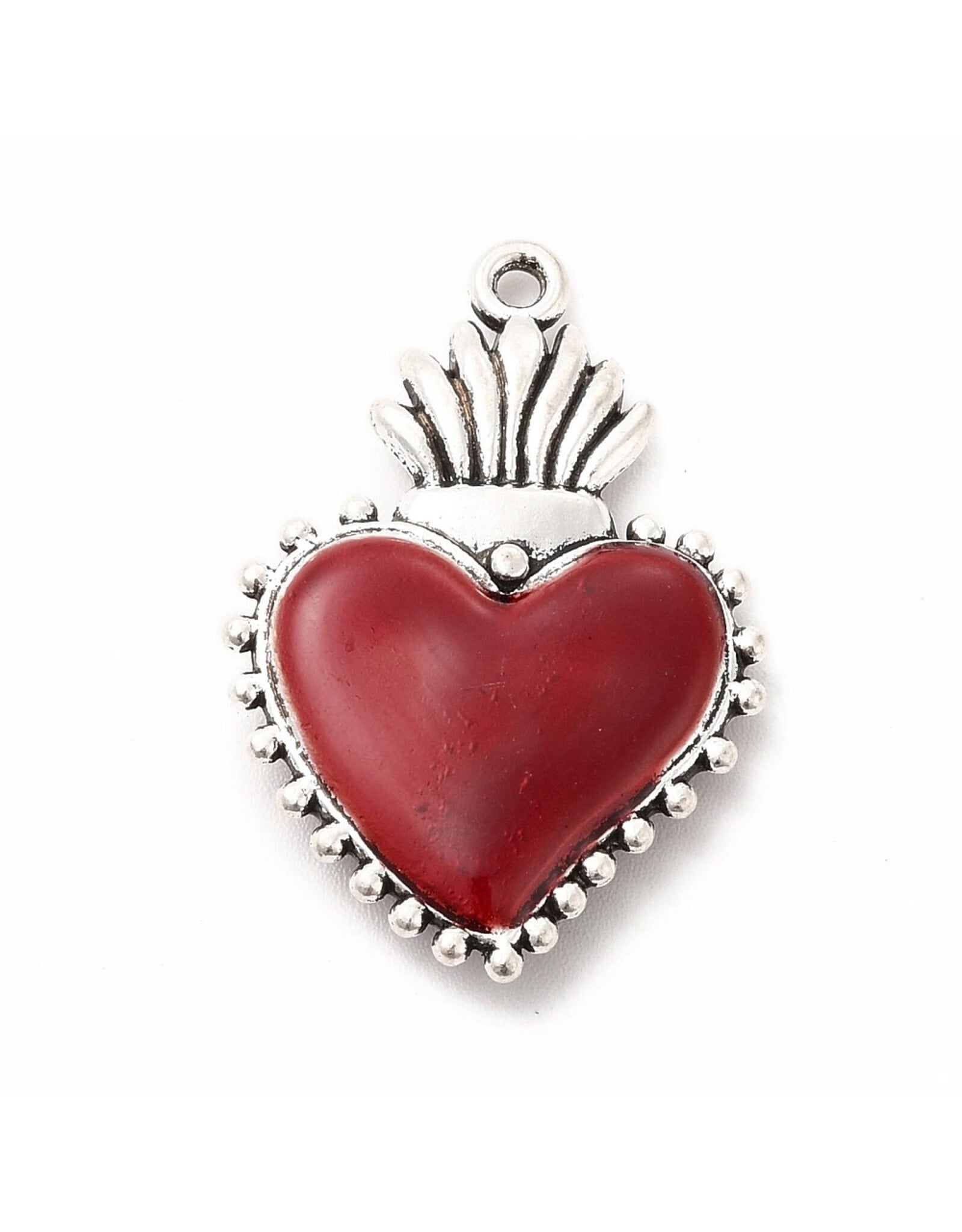 Sacred Heart  30x20mm Antique Silver Red  x1  NF