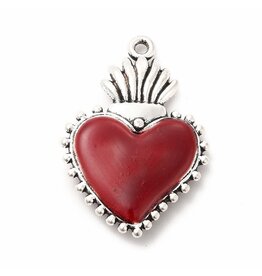 Sacred Heart  30x20mm Antique Silver Red  x1  NF