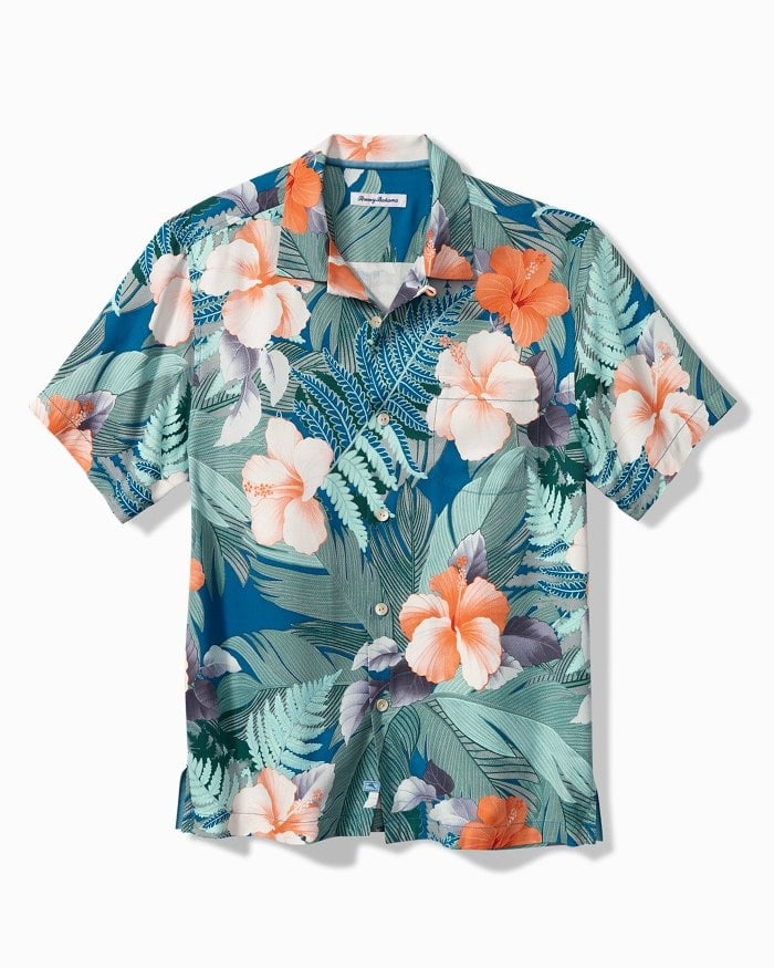 Tommy Bahama Garden of Hope and Courage Floral Short Sleeve Button-Up Silk Shirt in Blue Allure