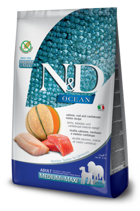 Farmina N&D Dog Dry - Ocean Salmon, Cod & Cantaloupe Adult Med/Max 26.4lbs
