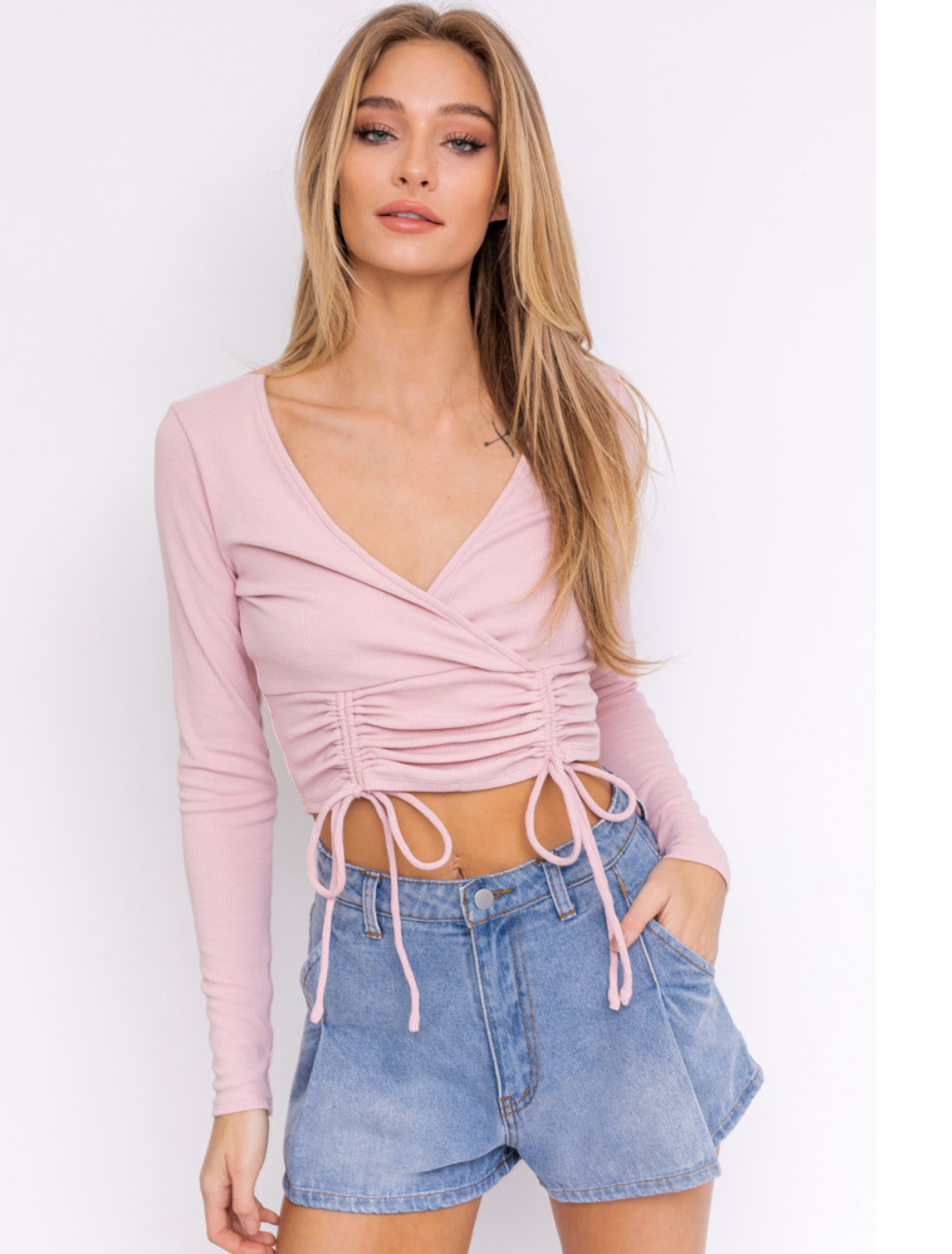 Pink Surplice Side Ruched Knit Top