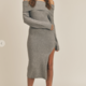 Grey Fold Over Knit Side Slit Dress