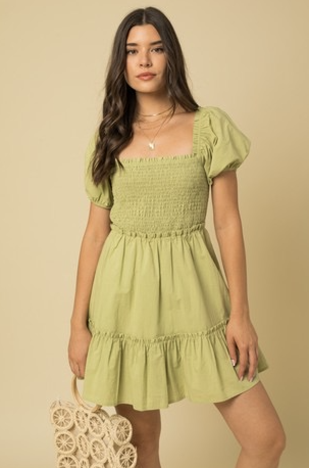 Green Puff Sleeve Babydoll Dress
