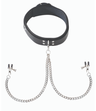 Leather Collar with Adjustable Nipple Clamps