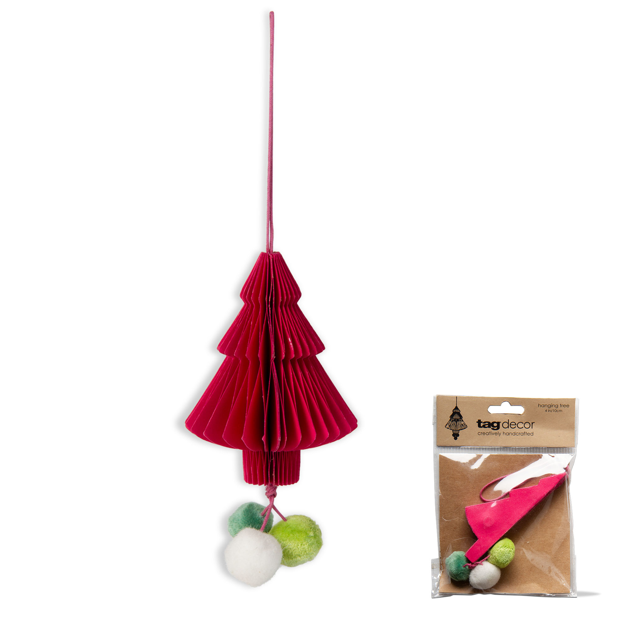 Ornament Paper Tree W/Pom Pom Fuschia