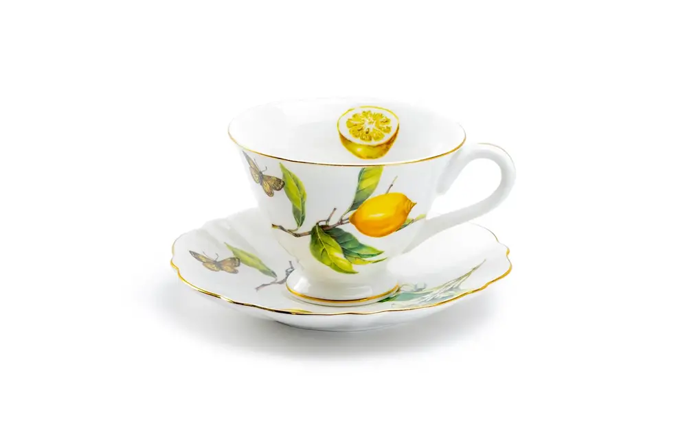 Lemon Butterfly 6oz Fine Porcelain Tea Cup and Saucer