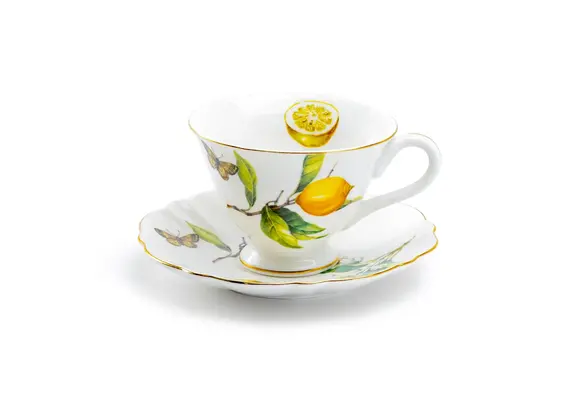 Lemon Butterfly 6oz Fine Porcelain Tea Cup and Saucer
