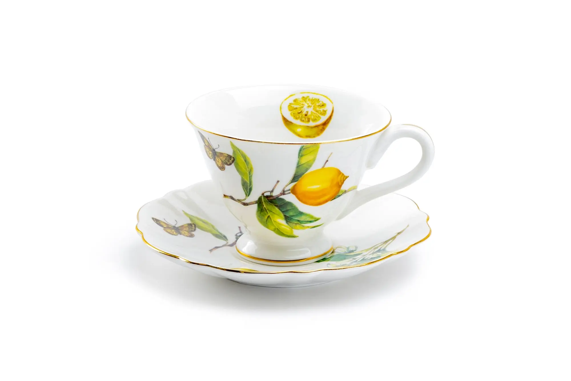 Lemon Butterfly 6oz Fine Porcelain Tea Cup and Saucer