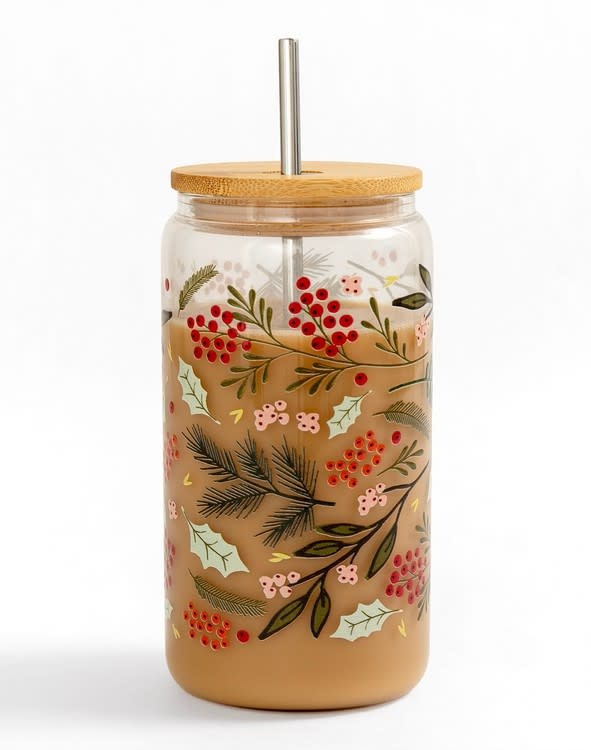 Winter Berries Glass Can