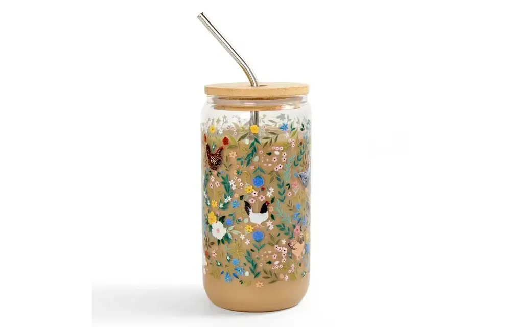 Chickens + Flowers Glass Can