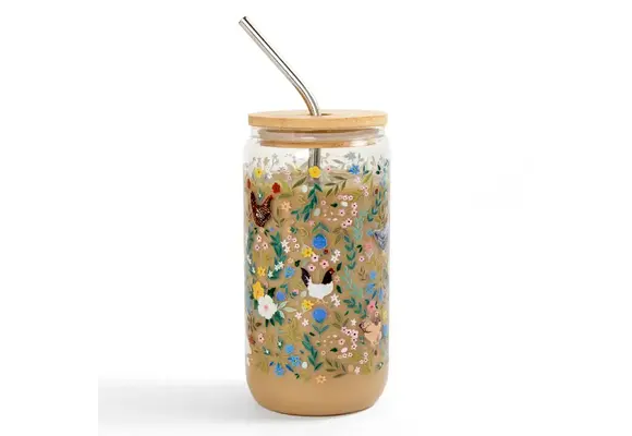Chickens + Flowers Glass Can