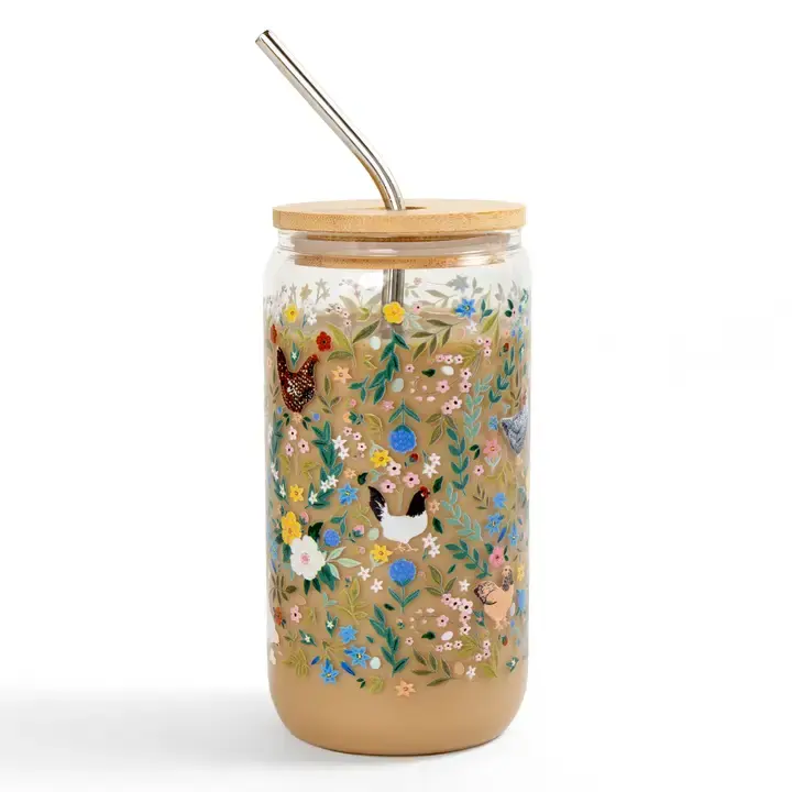 Chickens + Flowers Glass Can