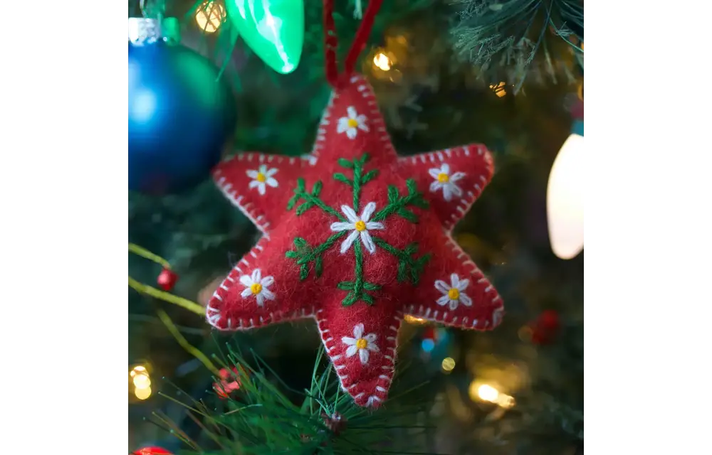 Red Six Pointed Star Embroidered Wool Christmas Ornament