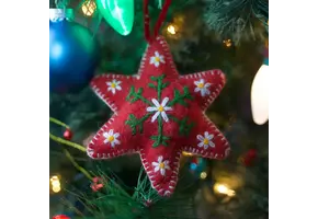 Red Six Pointed Star Embroidered Wool Christmas Ornament