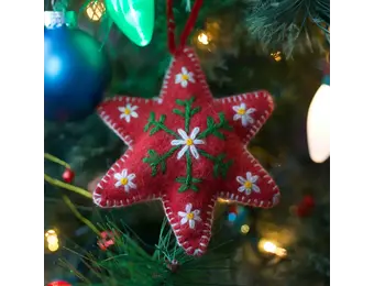 Red Six Pointed Star Embroidered Wool Christmas Ornament