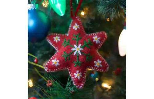Red Six Pointed Star Embroidered Wool Christmas Ornament