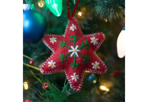 Red Six Pointed Star Embroidered Wool Christmas Ornament