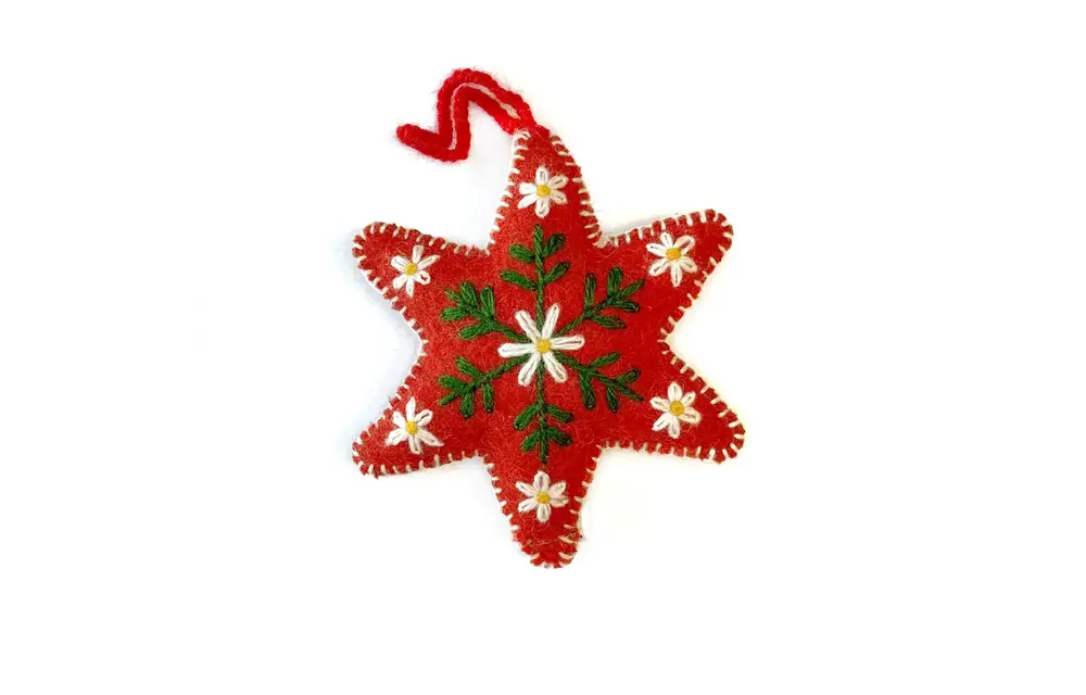Red Six Pointed Star Embroidered Wool Christmas Ornament