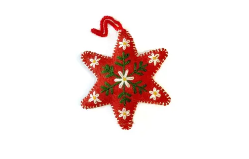 Red Six Pointed Star Embroidered Wool Christmas Ornament