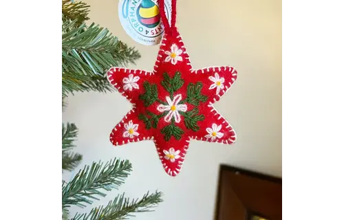 Red Six Pointed Star Embroidered Wool Christmas Ornament