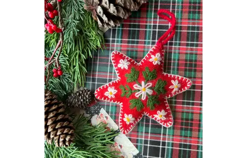Red Six Pointed Star Embroidered Wool Christmas Ornament