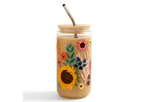Fall Flowers Glass Can