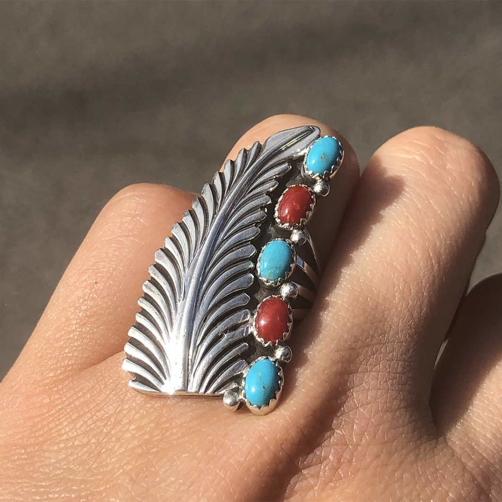 Native Images Sterling | Feather Turquoise & Coral Ring | Size 7 1/2