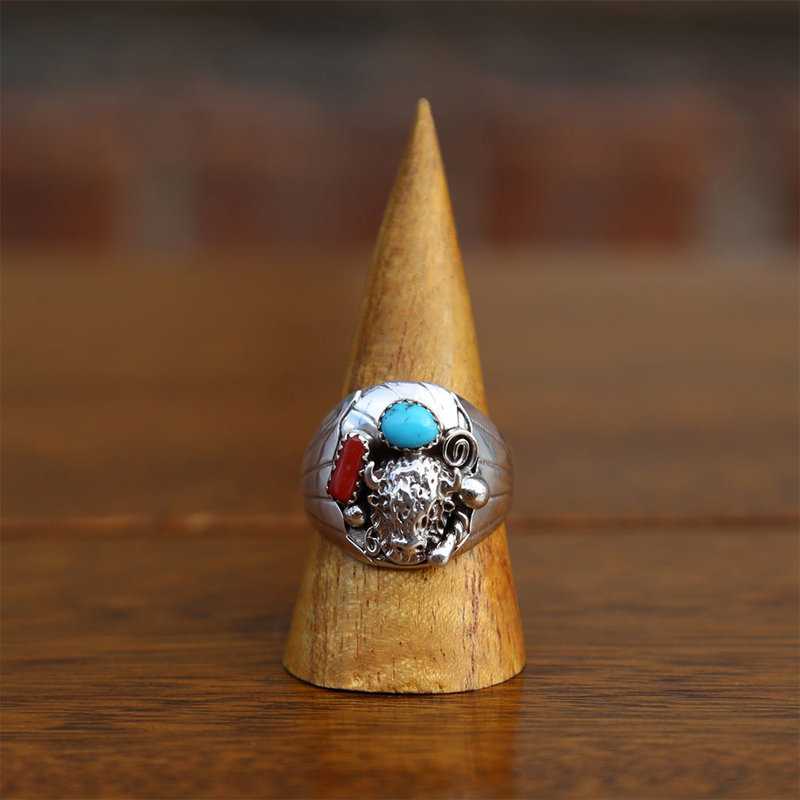 Native Images Sterling | Bison Silver Ring | Turquoise + Coral | Size 12