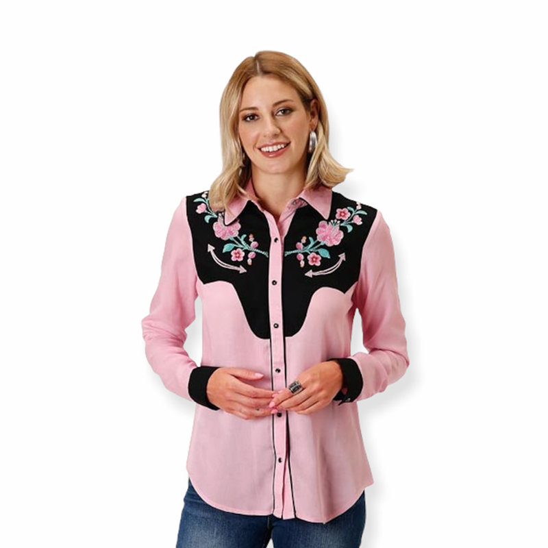 Roper Rayon Retro Western Embroidered Snap Shirt | Pink