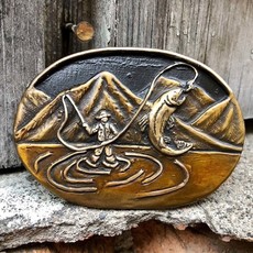 Waterhorse Bronze Designs Waterhorse Bronze | Fly Fisherman Mountain Scene Belt Buckle