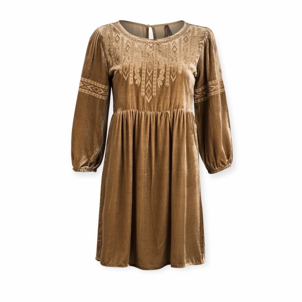 Stetson Stetson | Velvet Babydoll Embroidered Dress | Khaki