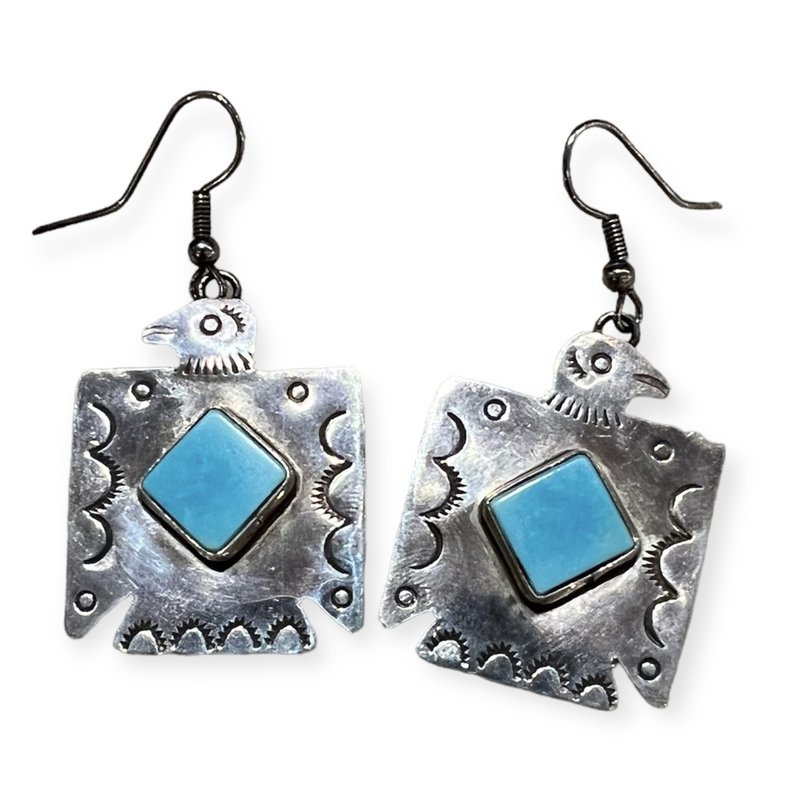 South Western Silver Vernon Begay Turquoise Thunderbird Earrings