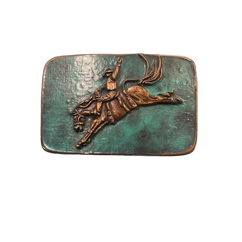 Waterhorse Bronze Designs Saddle Bronc Square Bronze Belt Buckle Turquoise