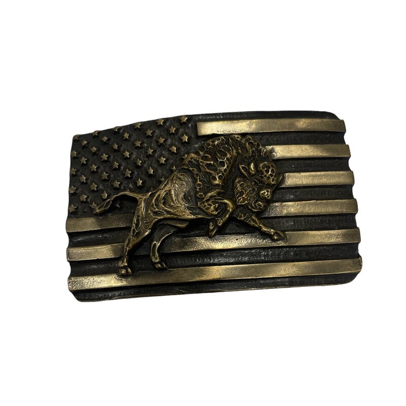 Waterhorse Bronze Designs Bison on American Flag Bronze Belt Buckle