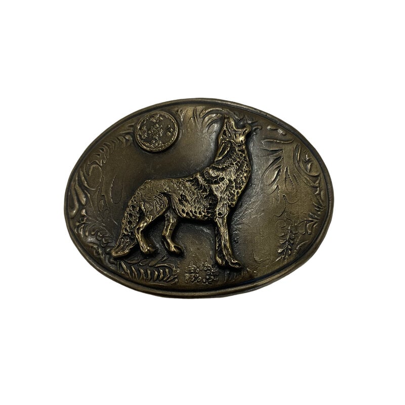 Waterhorse Bronze Designs Oval Moon Howling Coyote Bronze Belt Buckle