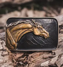 Waterhorse Bronze Designs Horse Bust Bronze Belt Buckle | Black | Rectangle