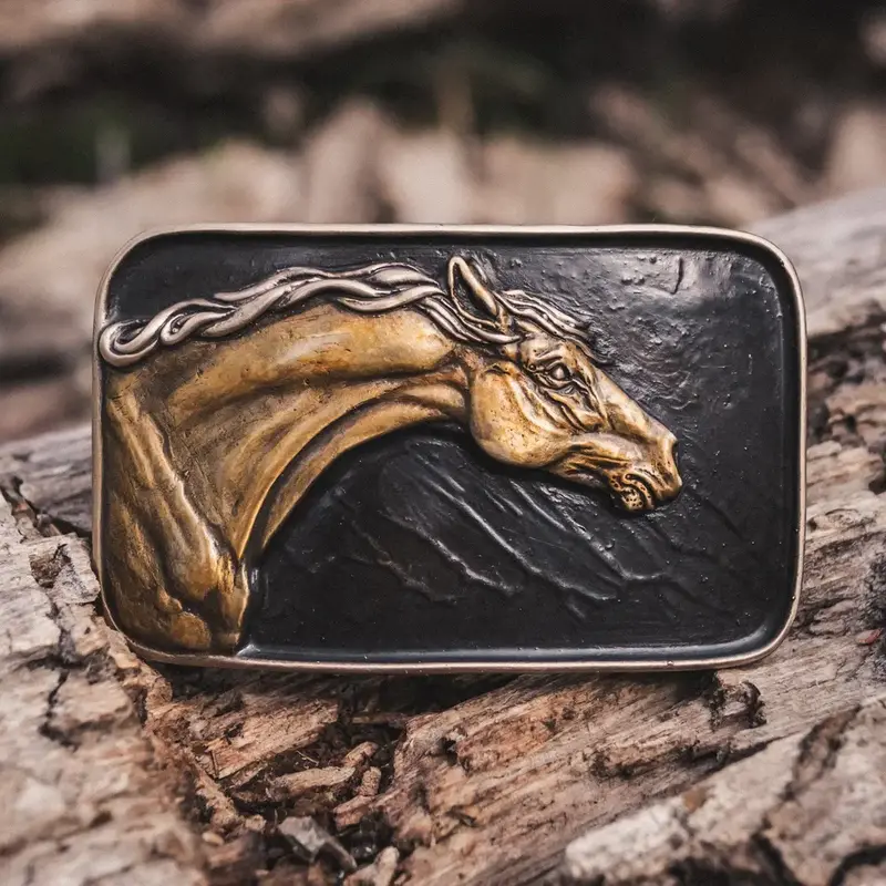 Waterhorse Bronze Designs Horse Bust Bronze Belt Buckle | Black | Rectangle